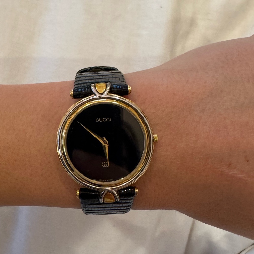 Gucci Gold and Black Leather Watch